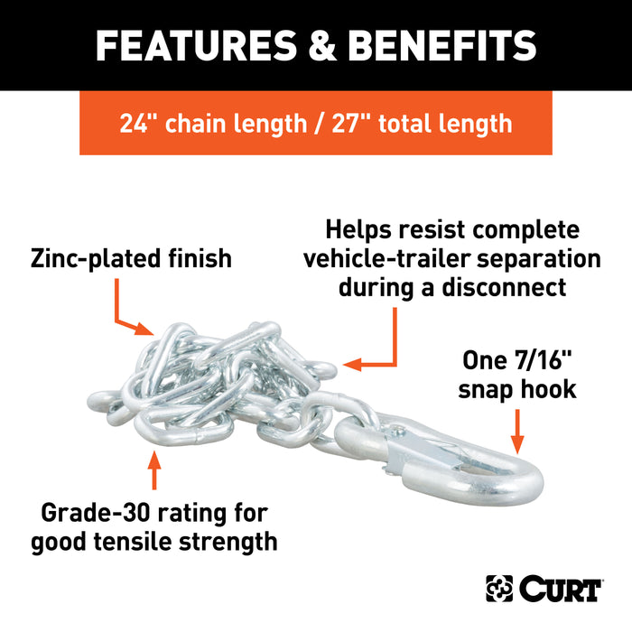 CURT 80313 27in. Safety Chain with 1 Snap Hook (5;000 lbs; Clear Zinc) - Truck Part Superstore