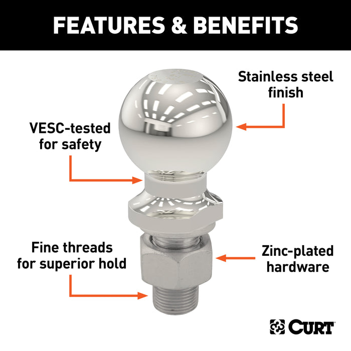 CURT 40054 2-5/16in. Trailer Ball (1in. x 2-1/8in. Shank; 7;500 lbs.; Stainless) - Truck Part Superstore