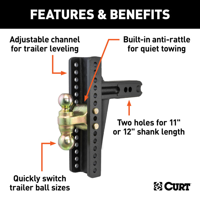 CURT 45927 Adjustable Channel Mount; Dual Ball (2-1/2in. Shank; 20;000 lbs.; 10-3/8in. Drop - Truck Part Superstore