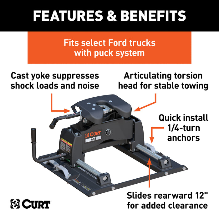 CURT 16675 A16 Sliding 5th Wheel Hitch; Select Ford F250; F350; F450; 6.75ft. Bed Puck Syst - Truck Part Superstore