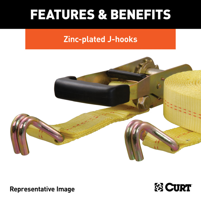 CURT 83047 27ft. Yellow Cargo Strap with J-Hooks (3;333 lbs.) - Truck Part Superstore