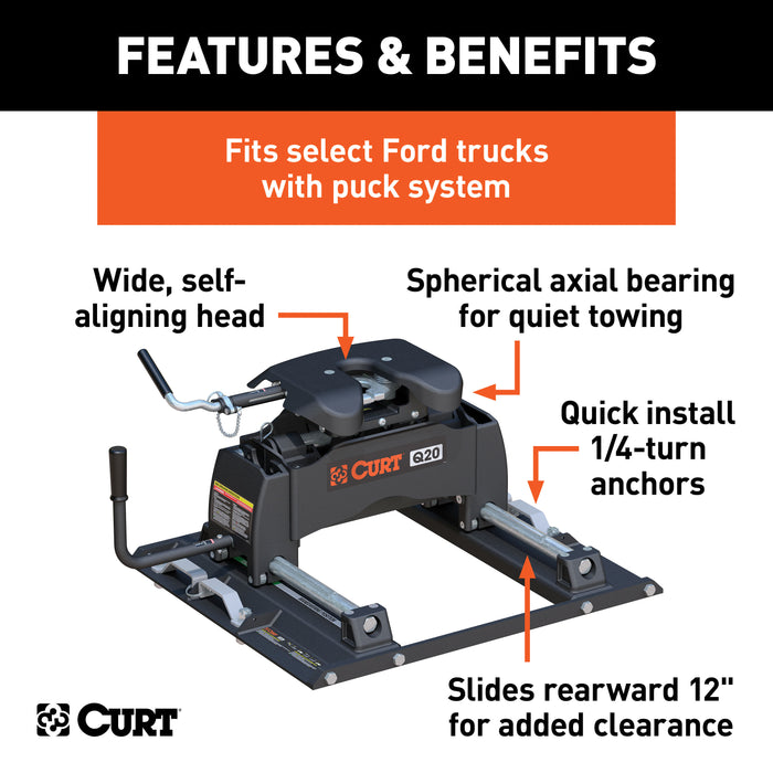 CURT 16677 Q20 Sliding 5th Wheel Hitch; Select Ford F250; F350; F450; 6.75ft. Bed Puck Syst - Truck Part Superstore