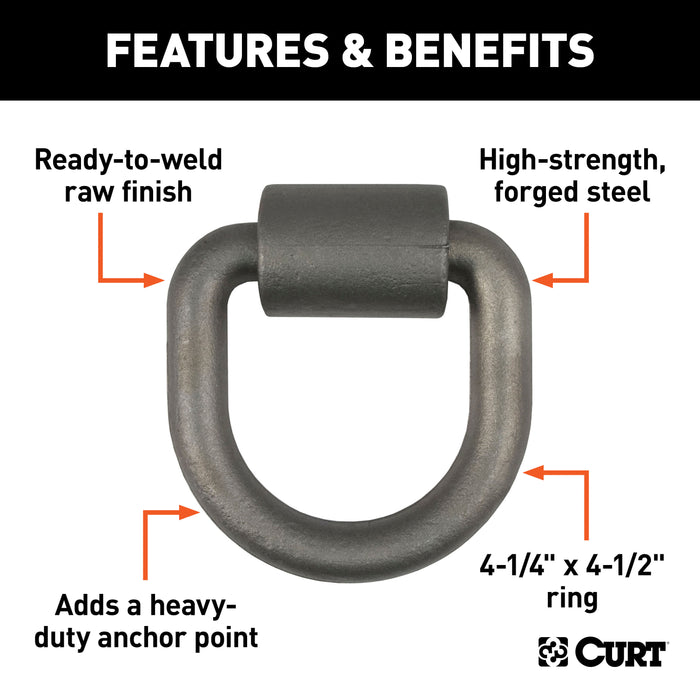 CURT 83760 3in.x 3in. Weld-On Tie-Down D-Ring (8;833 lbs; Raw Steel) - Truck Part Superstore