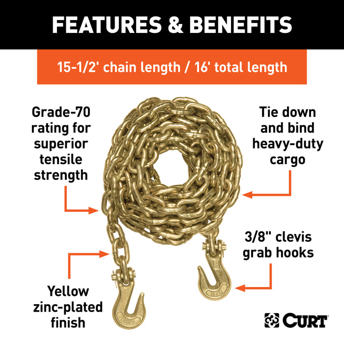 CURT 80310 16ft. Transport Binder Safety Chain with 2 Clevis Hooks (26;400 lbs; Yellow Zinc - Truck Part Superstore