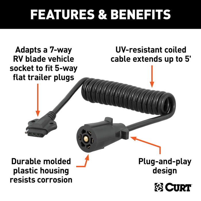 CURT 57281 5ft. Electrical Adapter Harness (7-Way RV Blade Vehicle to 5-Way Flat Trailer) - Truck Part Superstore