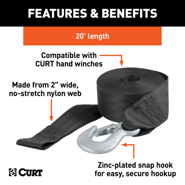 CURT 29007 CURT 29007 2-Inch x 20-Foot Nylon Winch Strap with Hook; 4;000 lbs - Truck Part Superstore