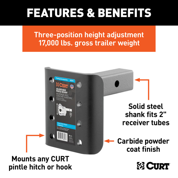 CURT 48343 Adjustable Pintle Mount (2in. Shank; 17;000 lbs.; 7-1/4in. High; 6in. Long) - Truck Part Superstore