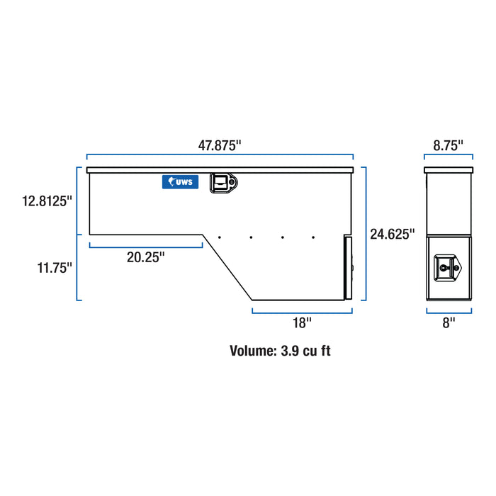 UWS FW-48-DS-D-BLK Gloss Black Aluminum 48in. Driver-Side Wheel Well Tool Box (LTL Shipping Only) - Truck Part Superstore