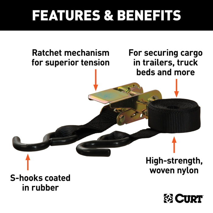 CURT 83009 10ft. Black Cargo Straps with S-Hooks (500 lbs; 2-Pack) - Truck Part Superstore