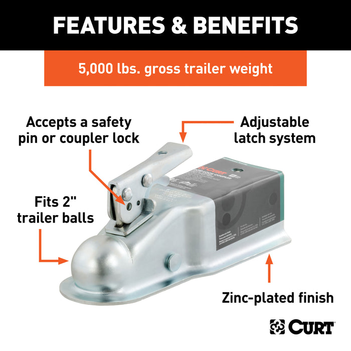 CURT 25100 2in. Straight-Tongue Coupler with Posi-Lock (3in. Channel; 5;000 lbs; Zinc) - Truck Part Superstore