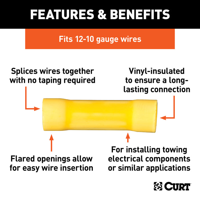 CURT 59423 CURT 59423 12-10 Gauge Yellow Vinyl-Insulated Wire Butt Connectors; 100-Pack - Truck Part Superstore
