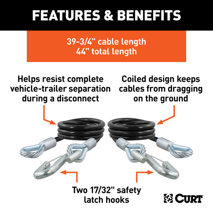 CURT 80176 44in. Safety Cables with 2 Snap Hooks (7;500 lbs; Vinyl-Coated; 2-Pack) - Truck Part Superstore