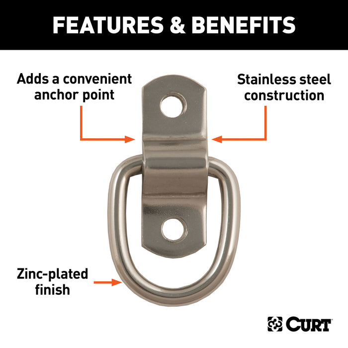 CURT 83732 1in. x 1-1/4in. Surface-Mounted Tie-Down D-Ring (1;200 lbs; Stainless) - Truck Part Superstore