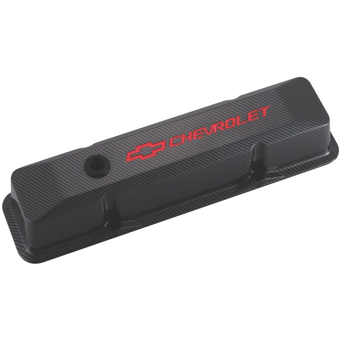Proform 141-121 Engine Valve Covers; Tall Style; Die Cast; Carbon-Style w Red Bowtie Logo; SBC - Truck Part Superstore