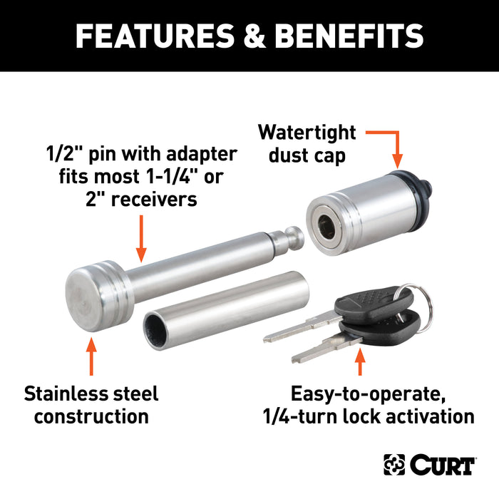 CURT 23517 1/2in. Hitch Lock with 5/8in. Adapter (1-1/4in. or 2in. Receiver; Barbell; Stain - Truck Part Superstore