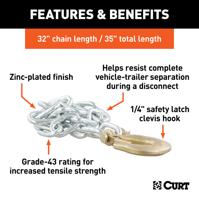 CURT 80302 35in. Safety Chain with 1 Clevis Hook (7;800 lbs; Clear Zinc) - Truck Part Superstore