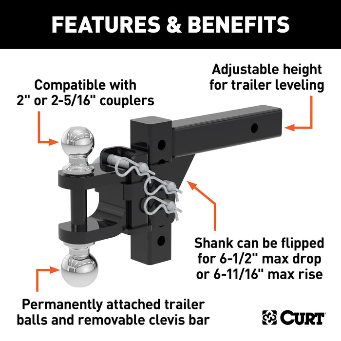 CURT 45049 Adjustable Multipurpose Ball Mount (2in. Shank; 2in./2-5/16in. Balls) - Truck Part Superstore